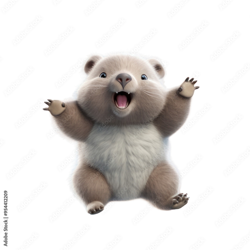 A cute, fluffy, and happy cartoon wombat with its arms raised in the air. A cute, fluffy, and happy cartoon wombat with its arms raised in the air.