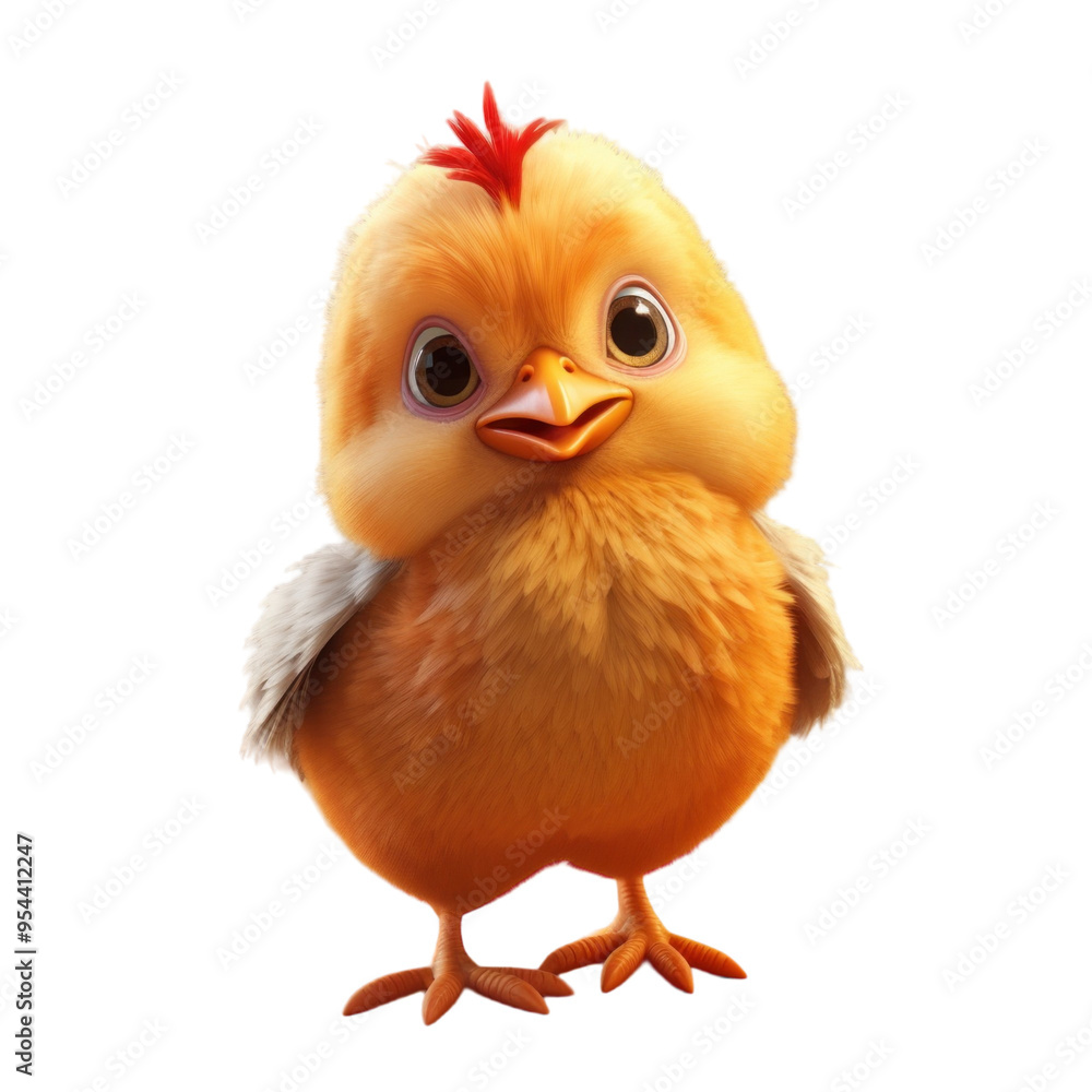 A cute, fluffy, yellow chick with big, dark eyes and a red comb on its head. It is standing on two yellow legs and has a small, white wing. A cute, fluffy, yellow chick with big, dark eyes and a red comb on its head. It is standing on two yellow legs and has a small, white wing.