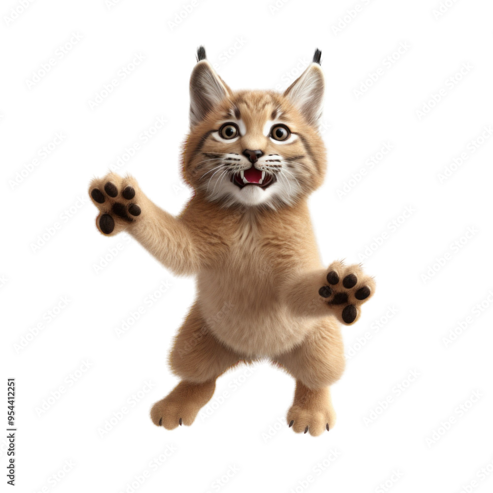 Obraz premium A cute, fluffy, young lynx kitten with a big, friendly smile, standing on its hind legs and reaching out with its paws.