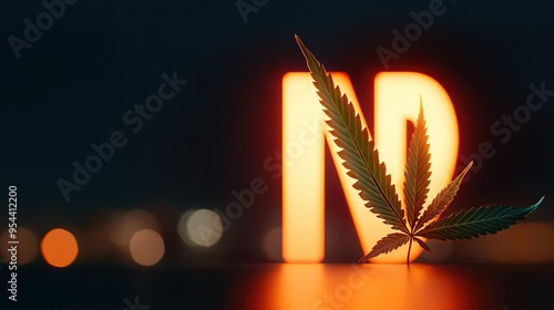   A magnified image of a marijuana leaf resting atop a table in close proximity to a lit-up letter N photo