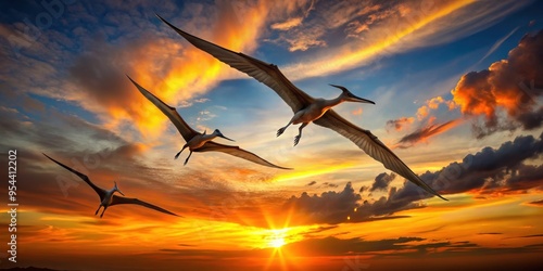 Fototapeta Naklejka Na Ścianę i Meble -  Three quetzalcoatlus flying together by sunset  render, quetzalcoatlus, flying, sunset, render, prehistoric, dinosaurs, pterosaurs
