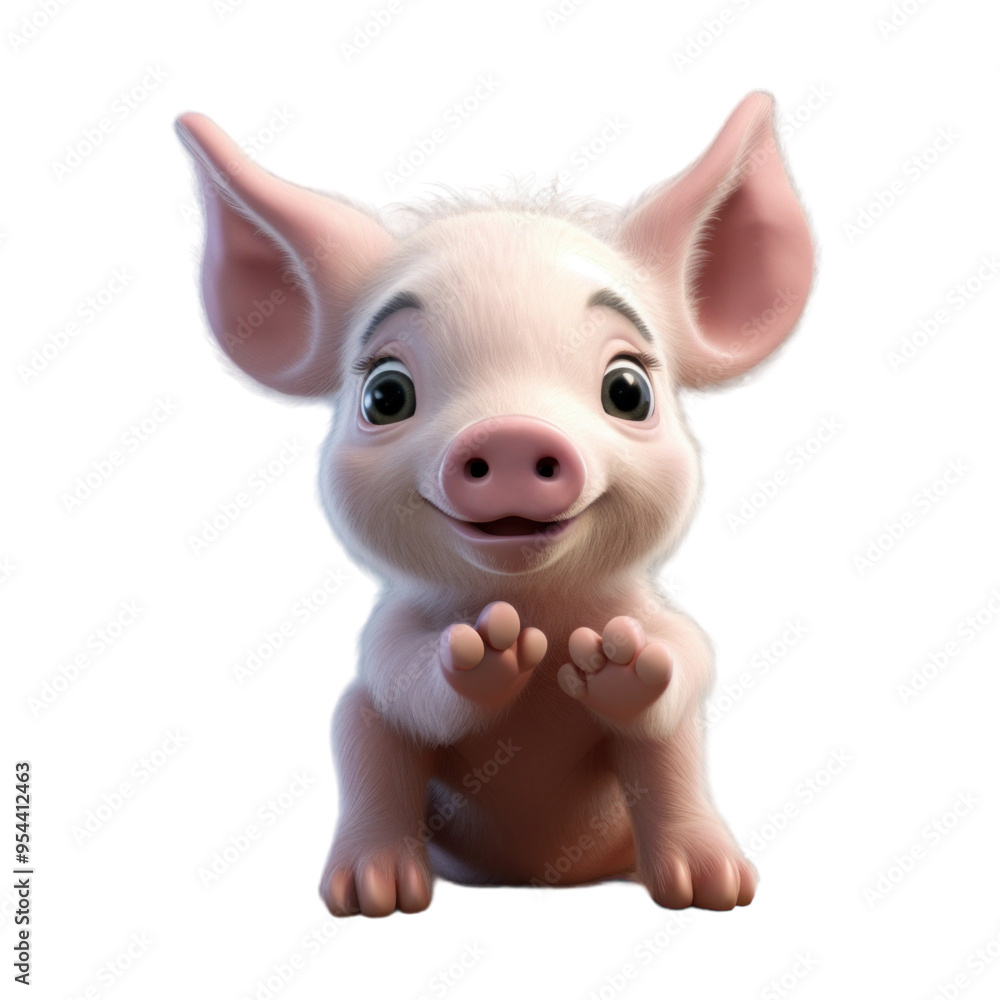 A cute, pink piglet with big ears and a happy expression is sitting on its hind legs and looking at the camera. A cute, pink piglet with big ears and a happy expression is sitting on its hind legs and looking at the camera.