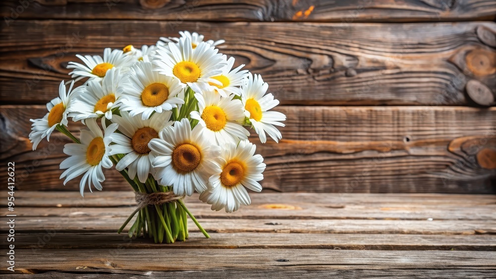 Obraz premium A beautiful bouquet of fresh white daisies on a rustic wooden background, daisies, flowers, bouquet, white, rustic, wooden
