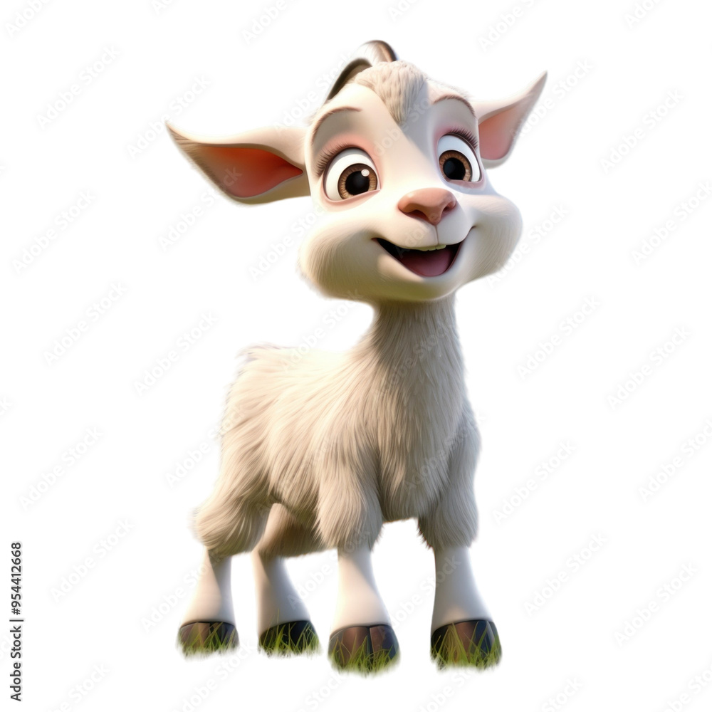 A cute, white baby goat with big, brown eyes and a friendly smile stands on green grass. A cute, white baby goat with big, brown eyes and a friendly smile stands on green grass.