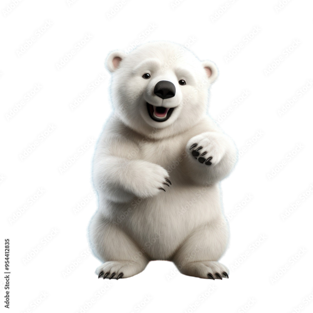A cute, white polar bear cub with a big smile and its paws raised, standing on a white background. A cute, white polar bear cub with a big smile and its paws raised, standing on a white background.