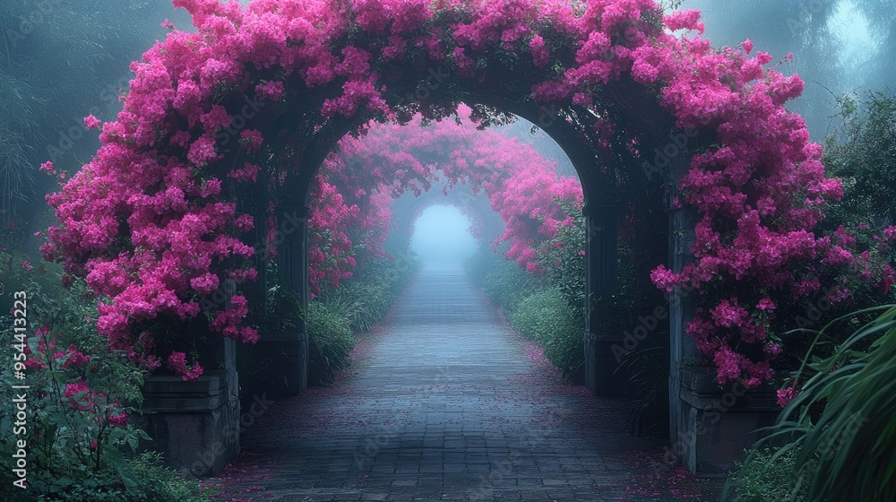 Fototapeta premium Beautiful pathway covered with purple flowers leading to a mysterious forest