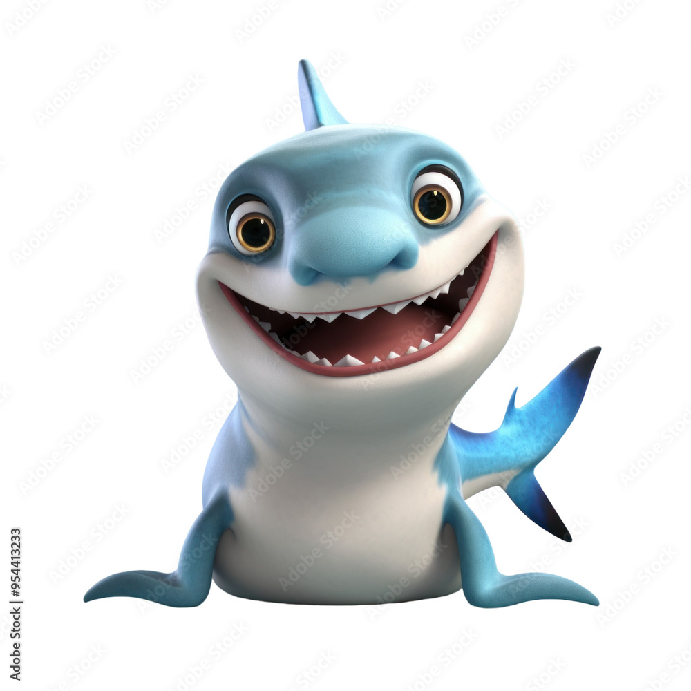 Obraz premium A friendly blue cartoon shark smiles with its mouth open and a white belly.