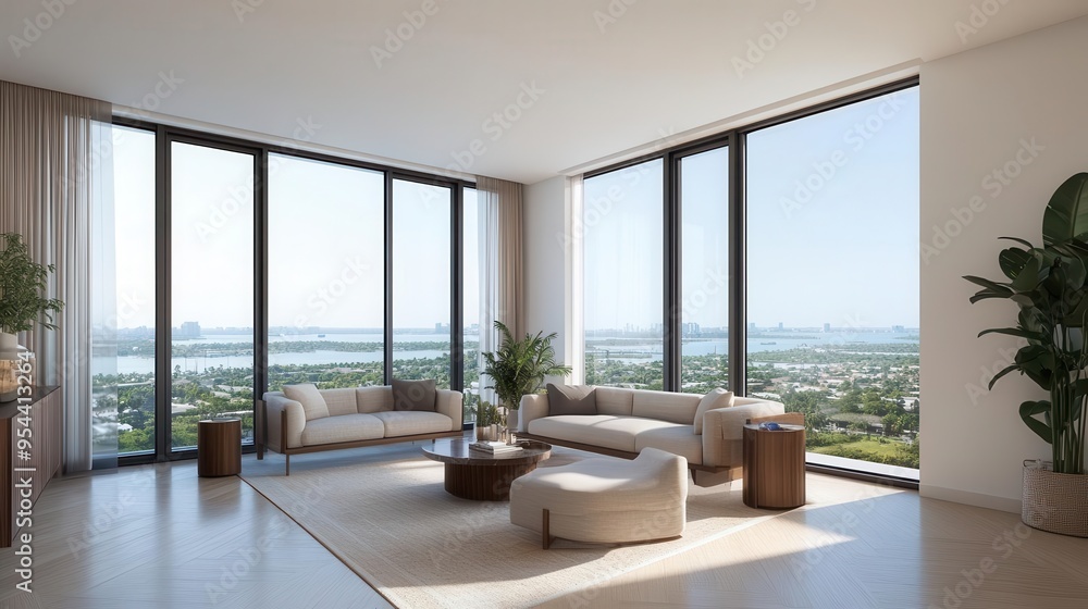 Fototapeta premium A living room with a panoramic view, floor-to-ceiling windows, and comfortable seating, living room, panoramic view, windows