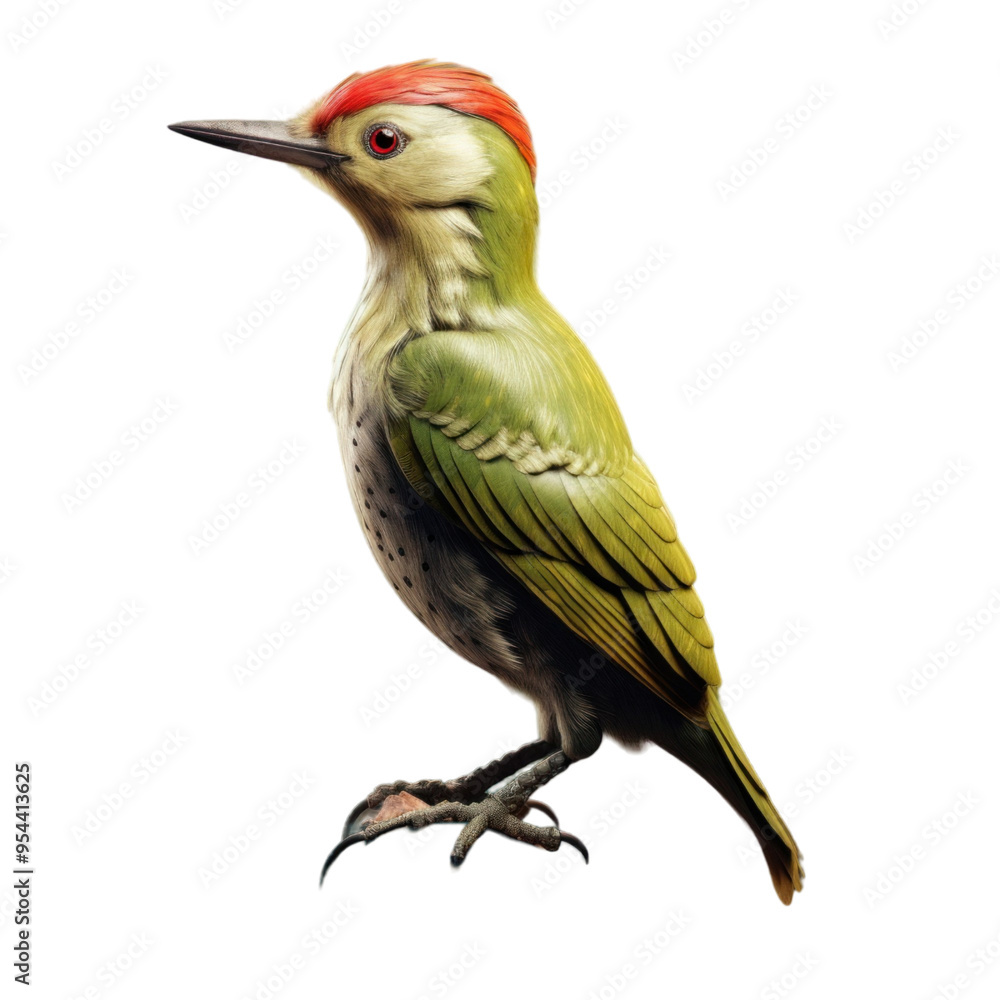 Fototapeta premium A green woodpecker with a red head and black speckles on its feathers, perched on a branch against a black background.