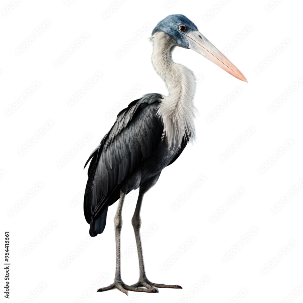 Fototapeta premium A grey heron with a long beak and blue head, standing on a black background.