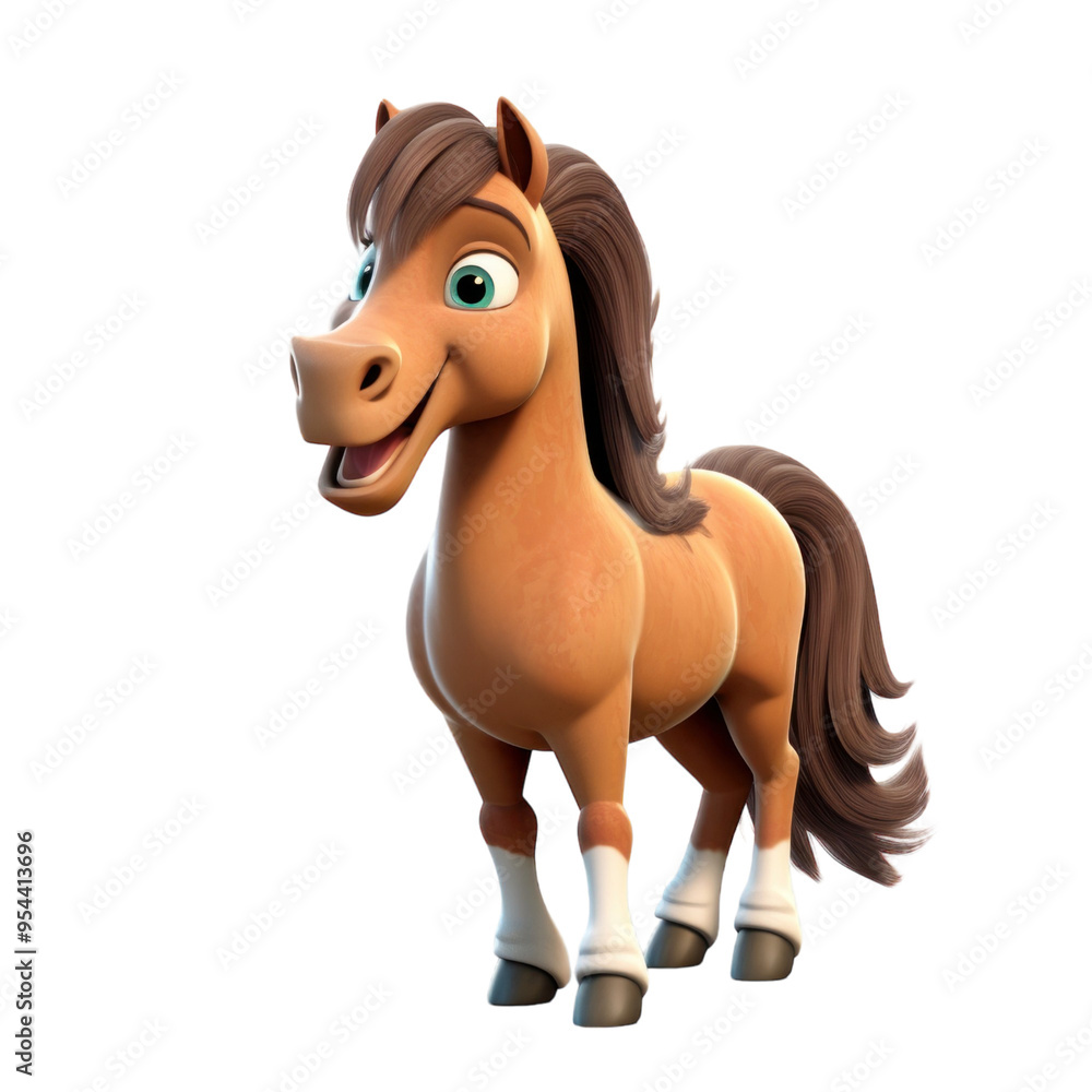 A happy brown horse with a white mane and tail, standing on a black background. A happy brown horse with a white mane and tail, standing on a black background.