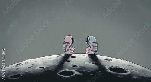 Two astronauts in love sitting on the moon, gazing at the stars