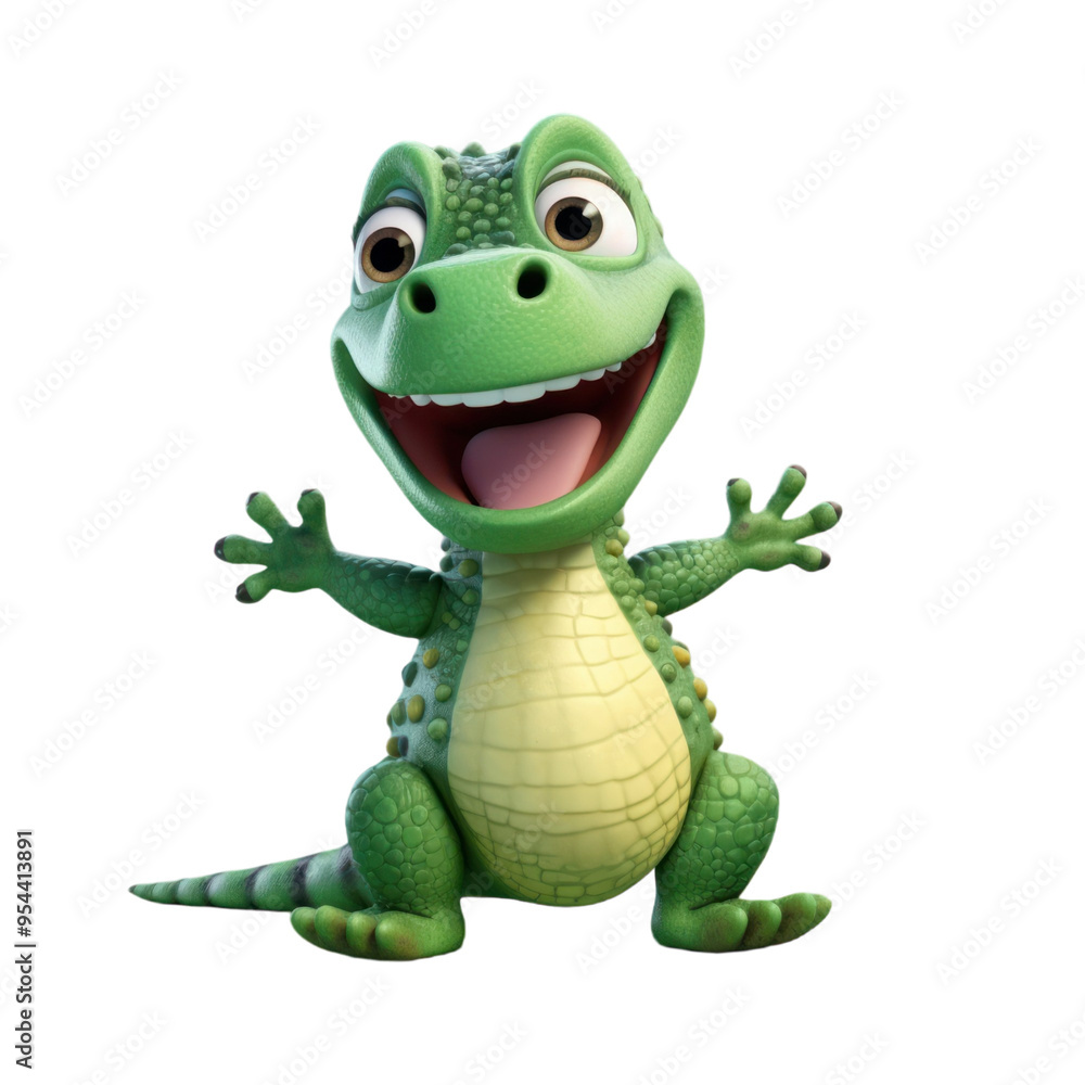 Fototapeta premium A happy green cartoon crocodile with a big smile and open arms.
