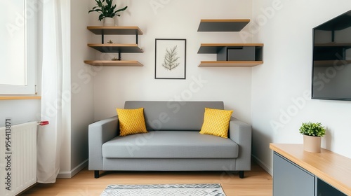 A small apartment living room with a compact sofa, multifunctional furniture, and wall-mounted shelves, living room, small space, multifunctional photo