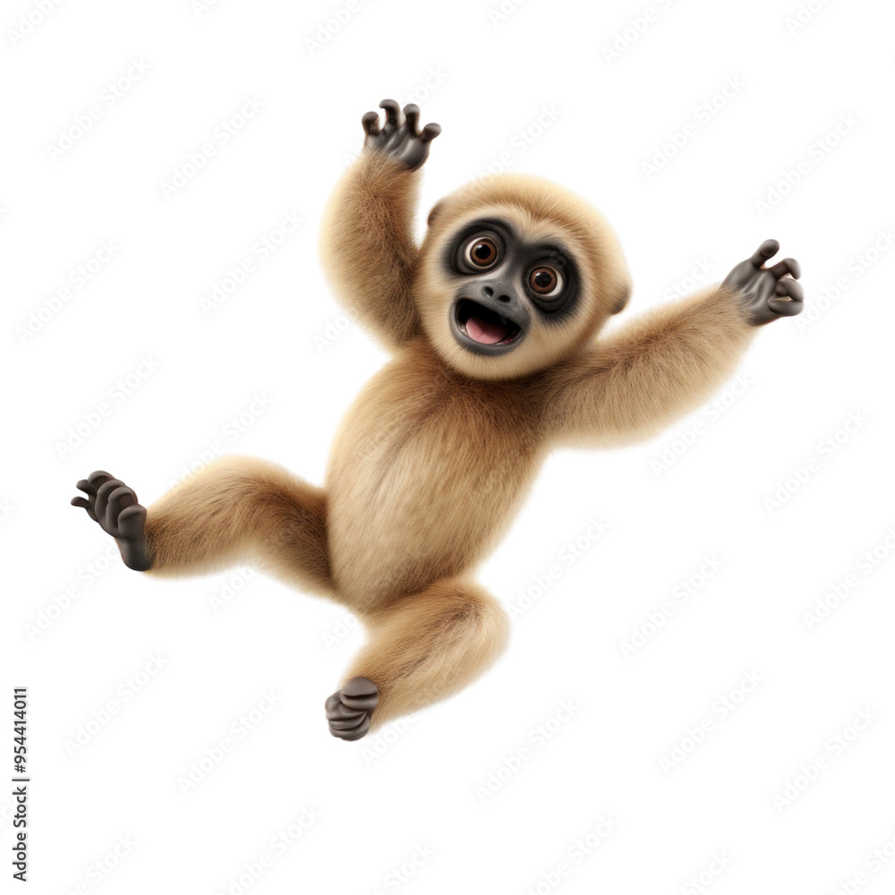 Obraz premium A happy, light brown gibbon monkey with large eyes and a wide smile jumps in mid-air with its arms and legs outstretched.