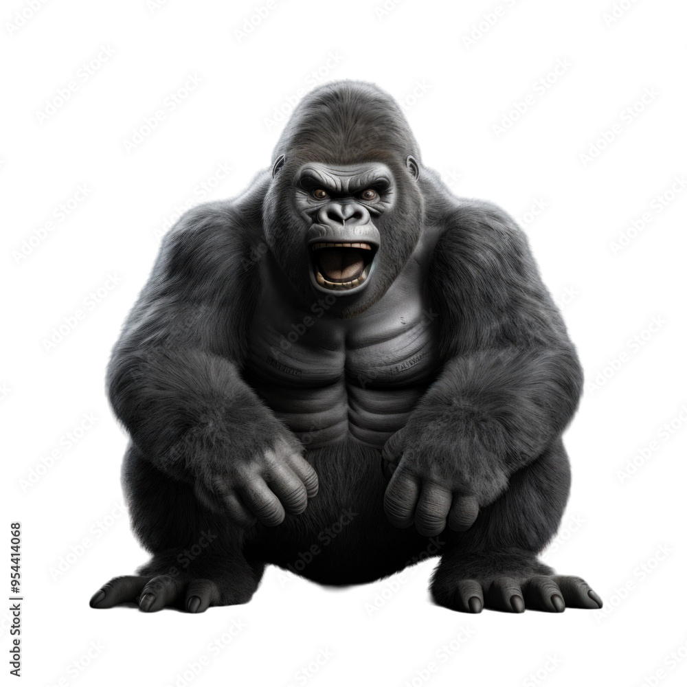 A large, powerful silverback gorilla with its mouth open in a roar, showing its sharp teeth. A large, powerful silverback gorilla with its mouth open in a roar, showing its sharp teeth.