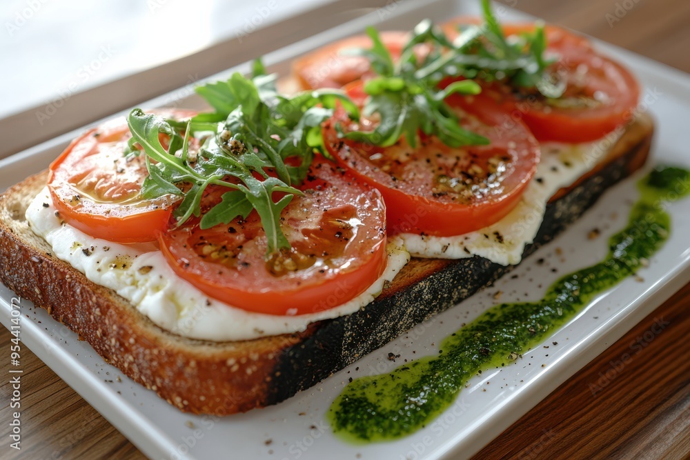 Burrata on toast with tomatoes and arugula on a fuzzy background Burrata on toast with tomatoes and arugula on a fuzzy background