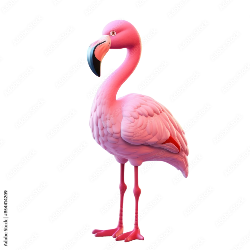 Fototapeta premium A pink flamingo standing on one leg with its head turned to the side, isolated on a black background.