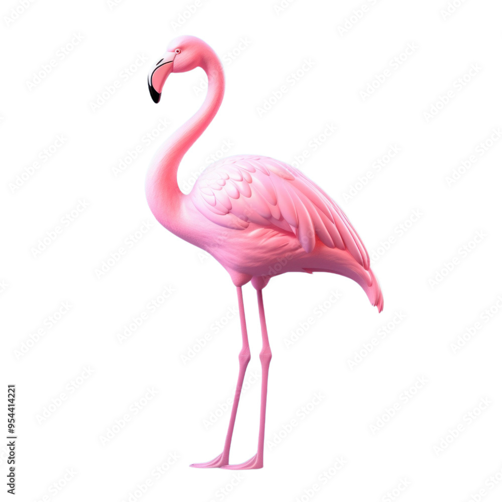 Fototapeta premium A pink flamingo stands on one leg with its head turned to the side.