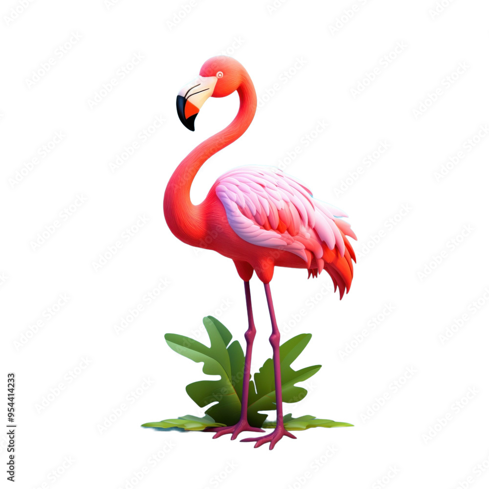 Fototapeta premium A pink flamingo stands on one leg with green leaves surrounding it on a black background.