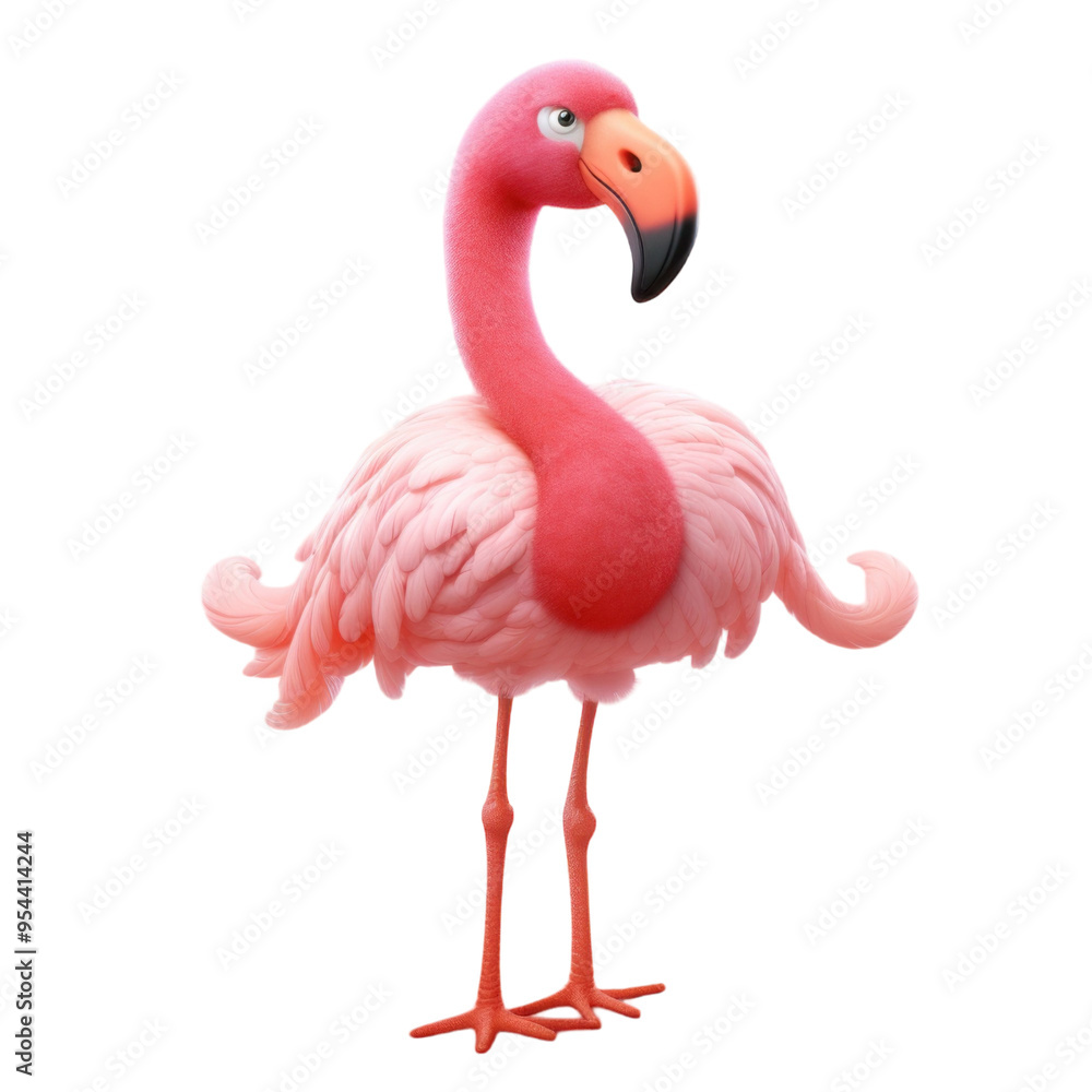 Fototapeta premium A pink flamingo with a long neck and long legs stands on a black background.
