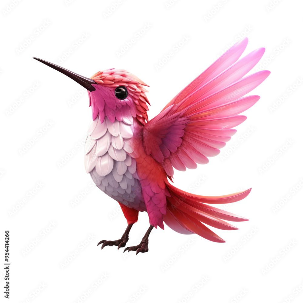 Obraz premium A pink hummingbird with its wings spread, facing left.