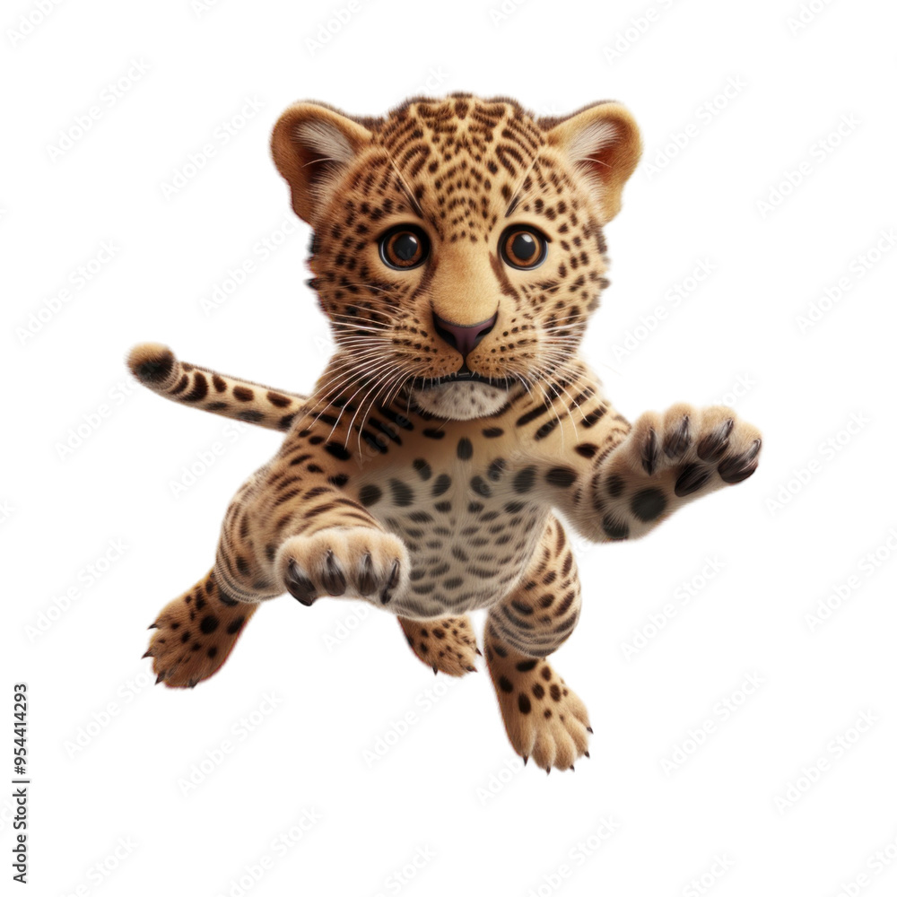 A playful leopard cub jumps towards the camera, with its paws outstretched and a curious expression on its face. The cub's spotted coat is visible against a transparent background. A playful leopard cub jumps towards the camera, with its paws outstretched and a curious expression on its face. The cub's spotted coat is visible against a transparent background.