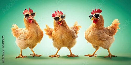 Fototapeta Naklejka Na Ścianę i Meble -  Three quirky chickens wearing sunglasses and dancing , chickens, sunglasses, funky, dance, feathers, farm animals, whimsical