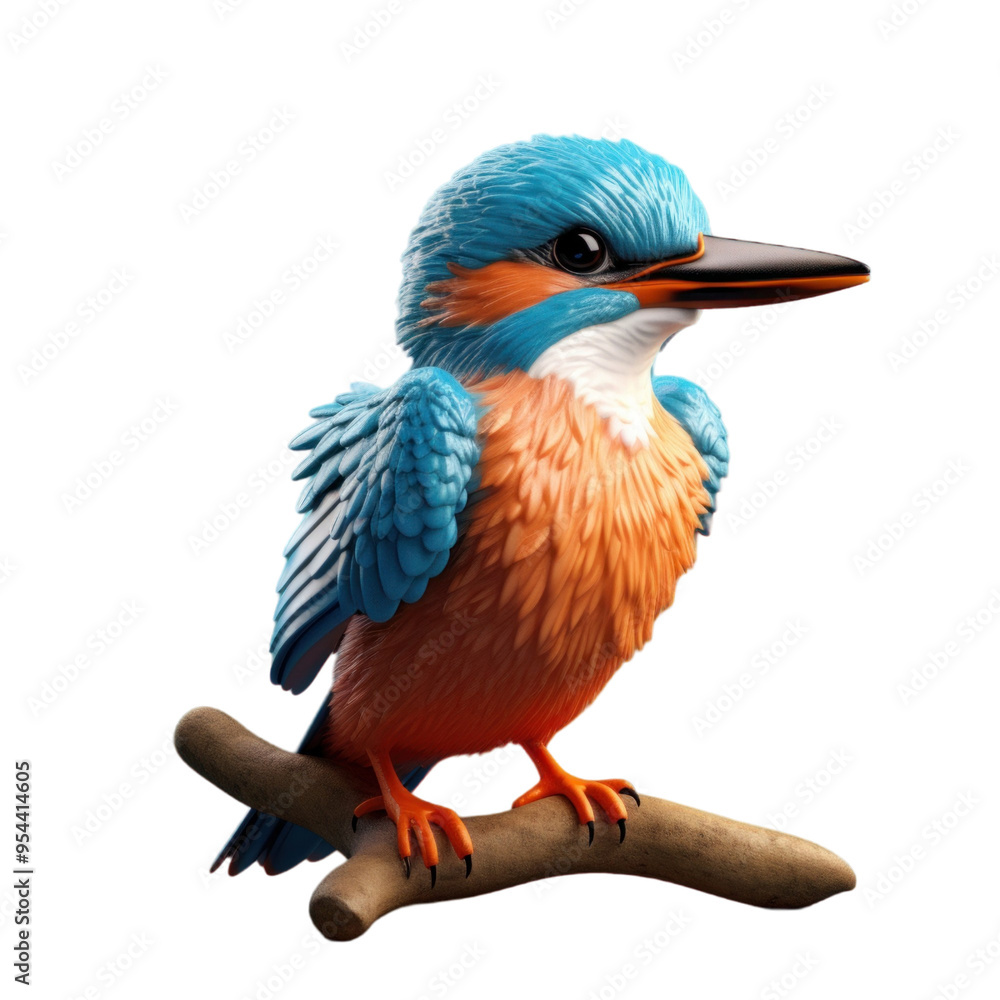 Fototapeta premium A small, colorful kingfisher perched on a branch, with blue feathers on its head and back, orange feathers on its chest and belly, and a long, thin beak.