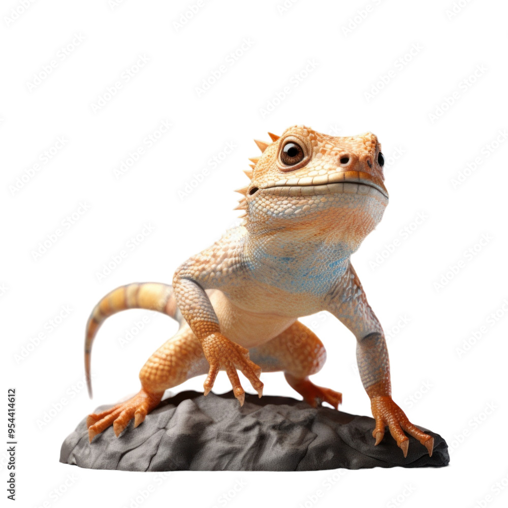 Obraz premium A small, orange and blue bearded dragon lizard sits on a rock, looking up with a curious expression.