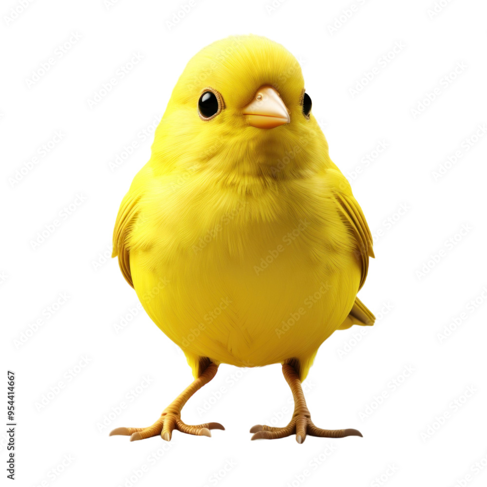 A small, yellow bird with black eyes and a white beak stands on a black background. A small, yellow bird with black eyes and a white beak stands on a black background.
