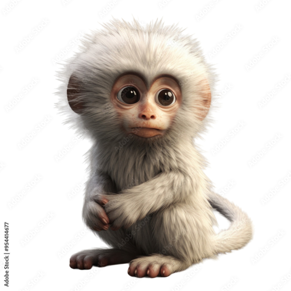 A small, white monkey with large, dark eyes sits on a black background, looking up with a curious expression. A small, white monkey with large, dark eyes sits on a black background, looking up with a curious expression.
