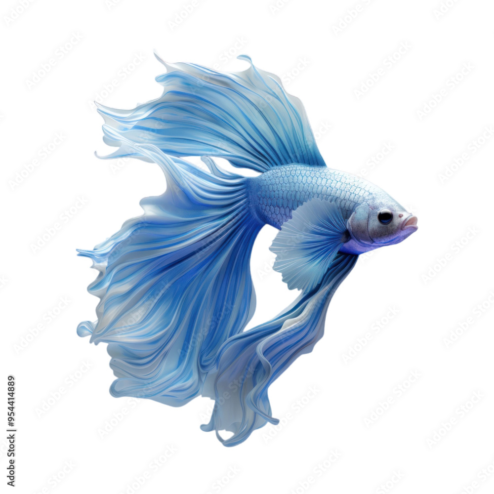 Obraz premium A vibrant blue betta fish with flowing fins, isolated on a black background.