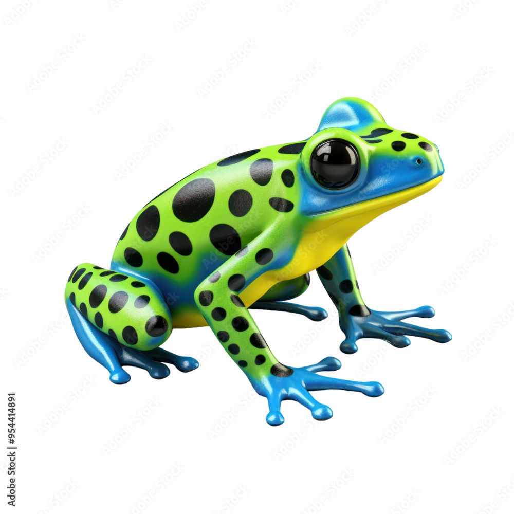 Obraz premium A vibrant green and blue poison dart frog with black spots sits on a black background.