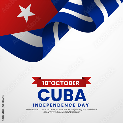 Cuba independence day square banner, greeting card. Cuban wavy flag in 10th of October