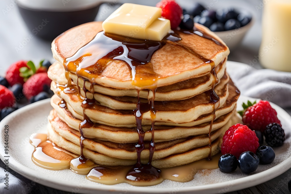 Foto A stack of fluffy pancakes topped with melted butter syrup drizzling down the si