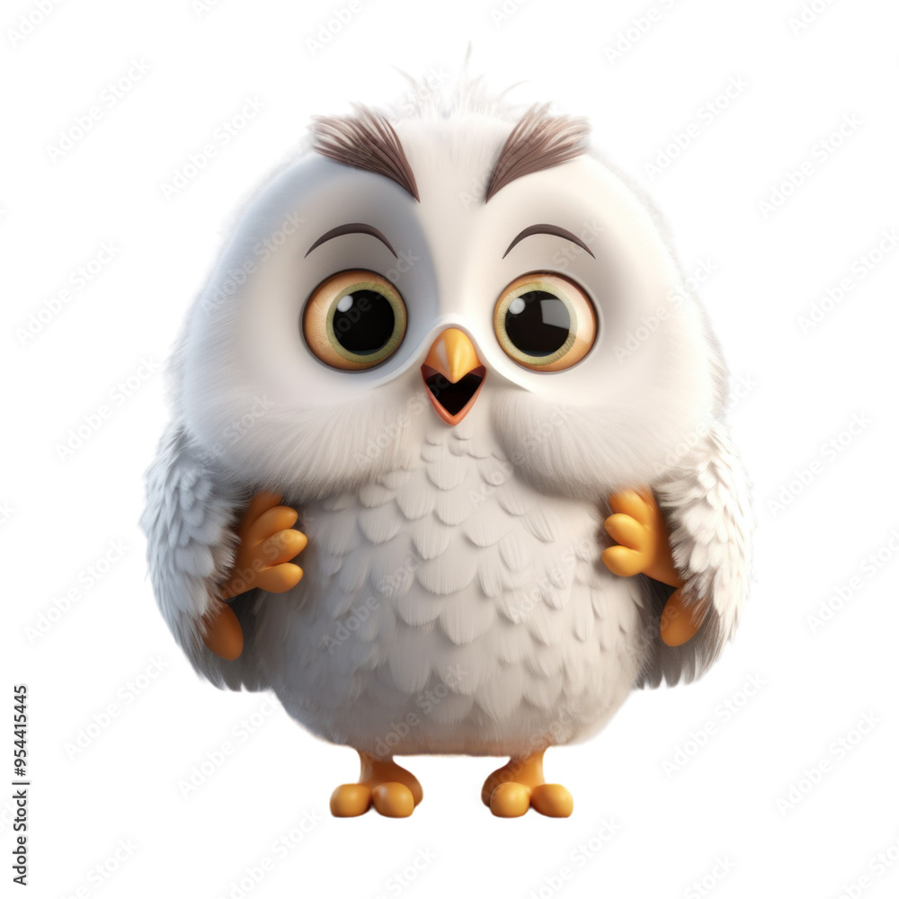 Fototapeta premium Adorable 3D rendering of a white owl with big eyes and fluffy feathers.