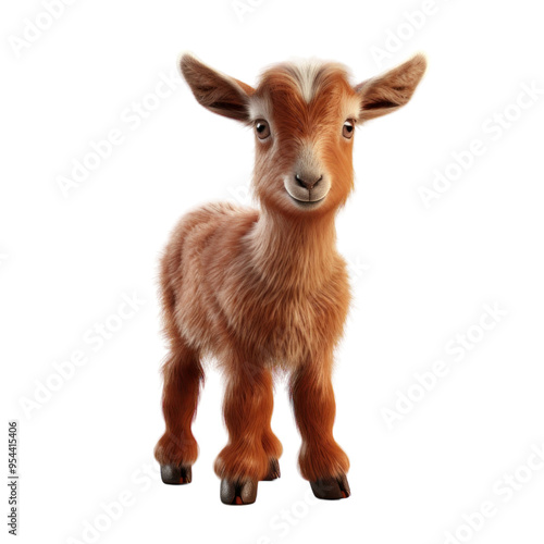 Adorable brown and white baby goat with big ears and a sweet expression, standing on a white background.