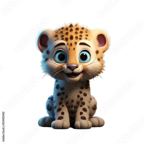 Adorable cartoon cheetah cub with big blue eyes, sitting and smiling.