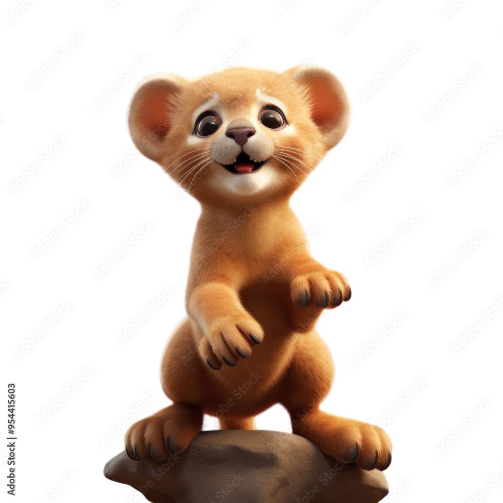 Fototapeta premium Adorable cartoon lion cub with big eyes and a happy expression standing on a rock, isolated against a black background.