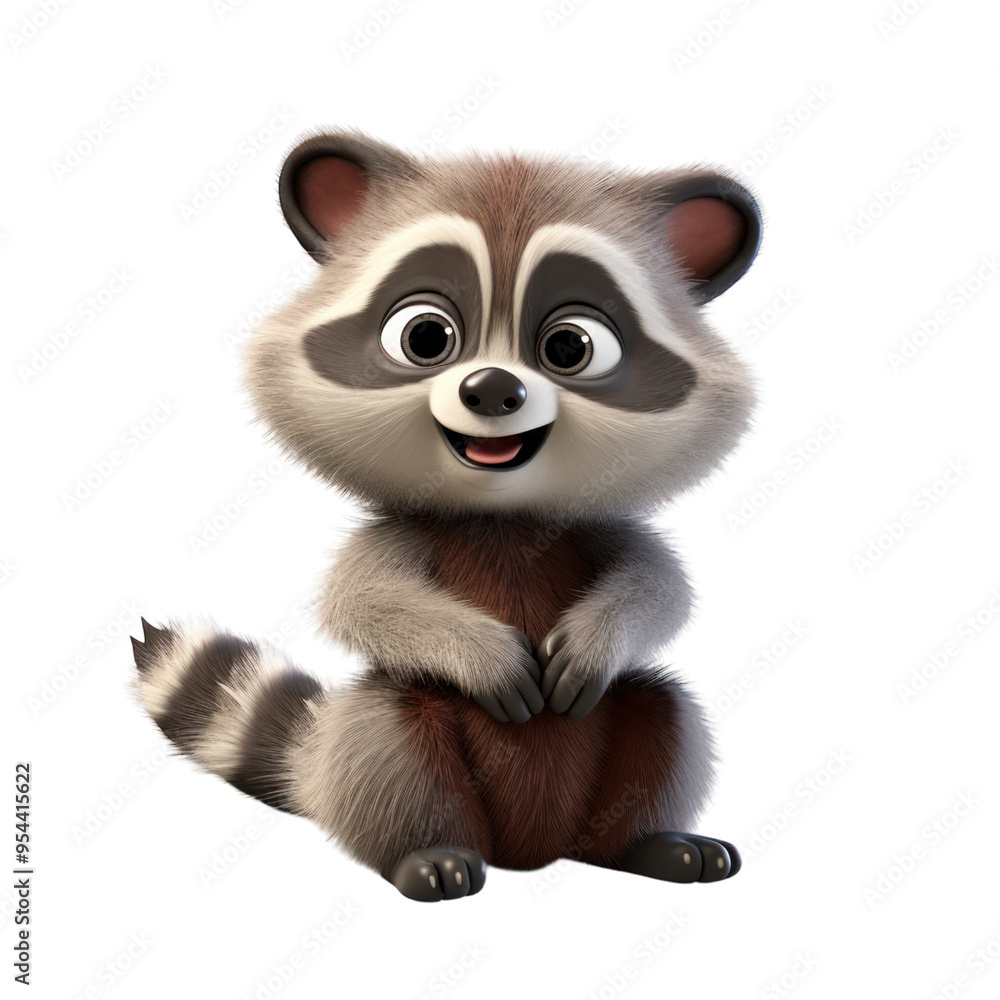 Fototapeta premium Adorable cartoon raccoon with big eyes and a cute smile, sitting on a white background.