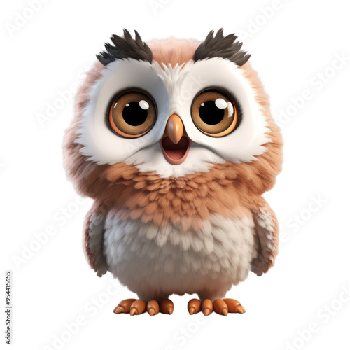 Adorable cartoon owl with big eyes and fluffy feathers, isolated on black background.