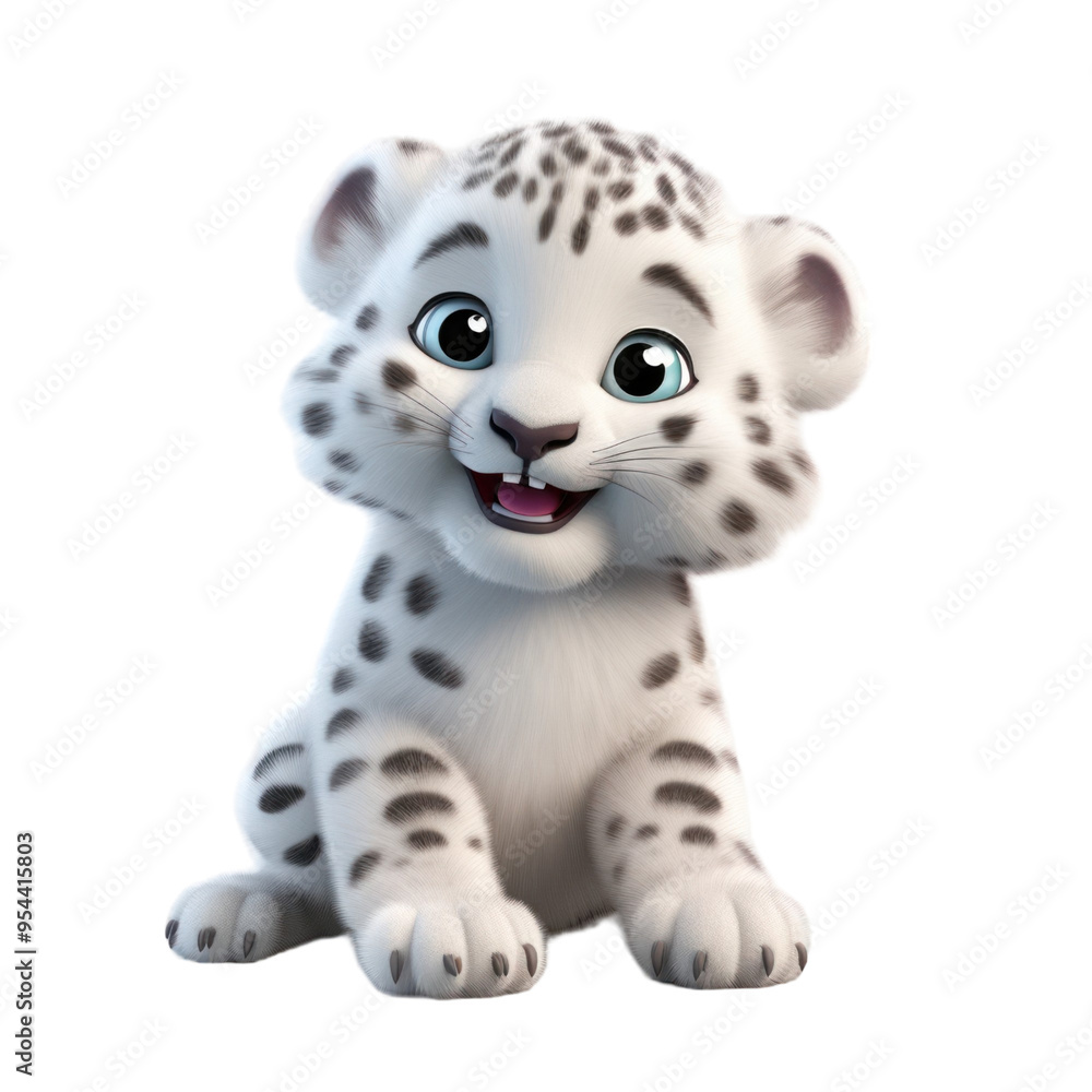 Adorable cartoon snow leopard cub with big blue eyes and a happy expression, sitting on a white background. Adorable cartoon snow leopard cub with big blue eyes and a happy expression, sitting on a white background.