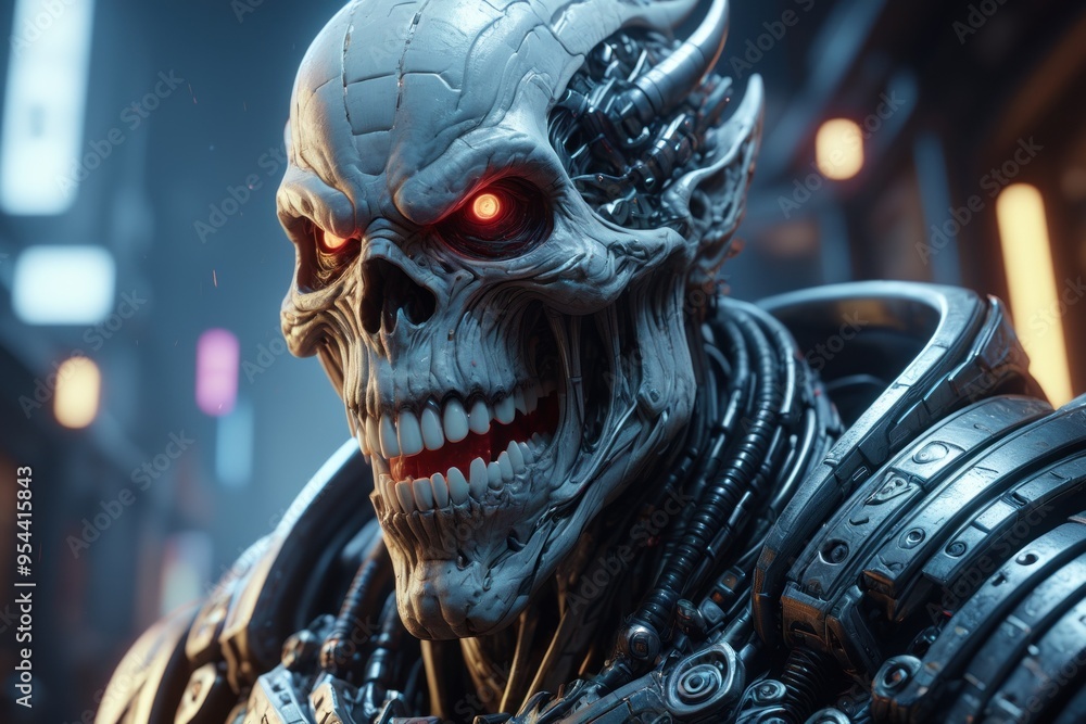 A close-up of a cybernetically enhanced skull with red glowing eyes, set against a backdrop of a futuristic city at night A close-up of a cybernetically enhanced skull with red glowing eyes, set against a backdrop of a futuristic city at night