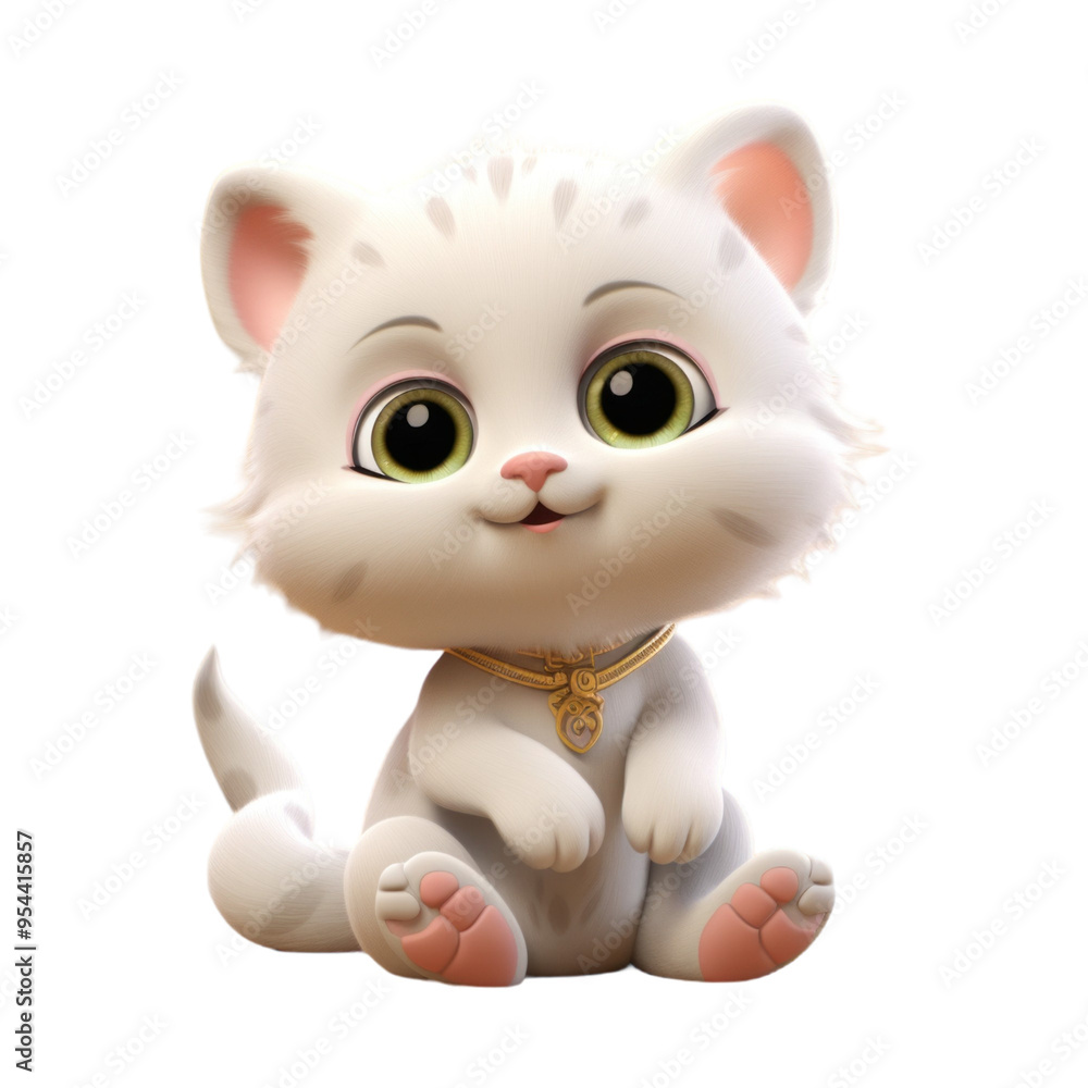 Adorable white kitten with big eyes and a gold necklace, sitting and smiling. Adorable white kitten with big eyes and a gold necklace, sitting and smiling.
