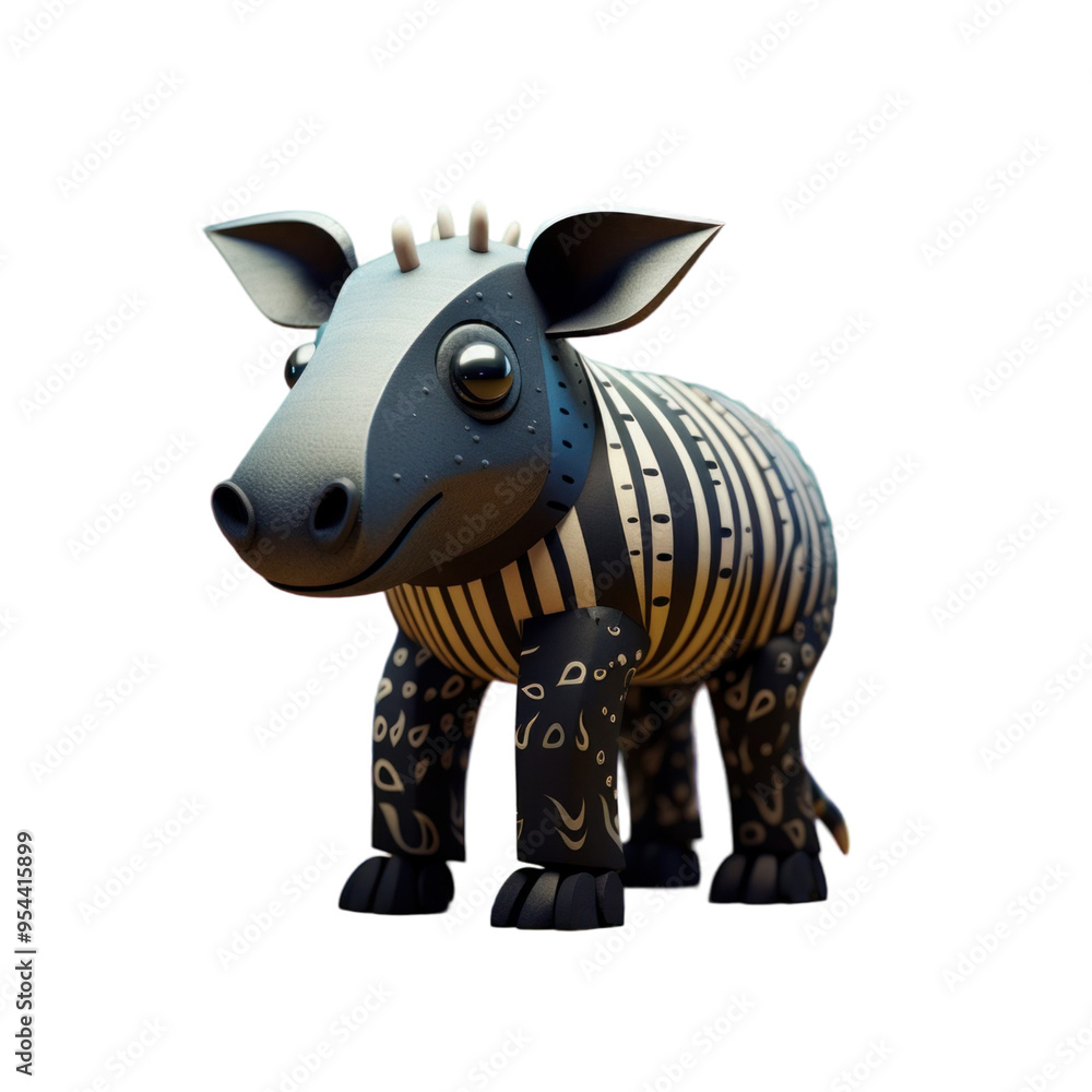 Fototapeta premium Cute cartoon 3D animal with black and white stripes, standing on black background.