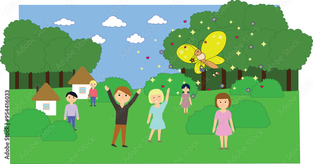 yellow golden butterfly flies over people in the forest yellow golden butterfly flies over people in the forest