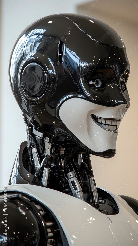 Fototapeta premium Humanoid robot, acting as a receptionist, with a welcoming smile, in a corporate lobby, under bright lights