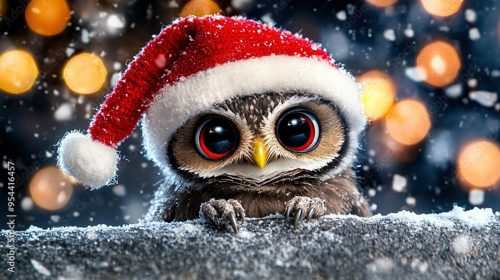 An owl in a Santa hat atop snow with blurred lights in the background An owl in a Santa hat atop snow with blurred lights in the background