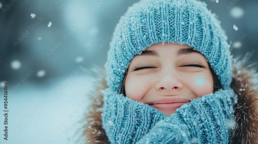 A close-up portrait of an individual wearing a blue hat and scarf, adorned with a snowflake on their face A close-up portrait of an individual wearing a blue hat and scarf, adorned with a snowflake on their face